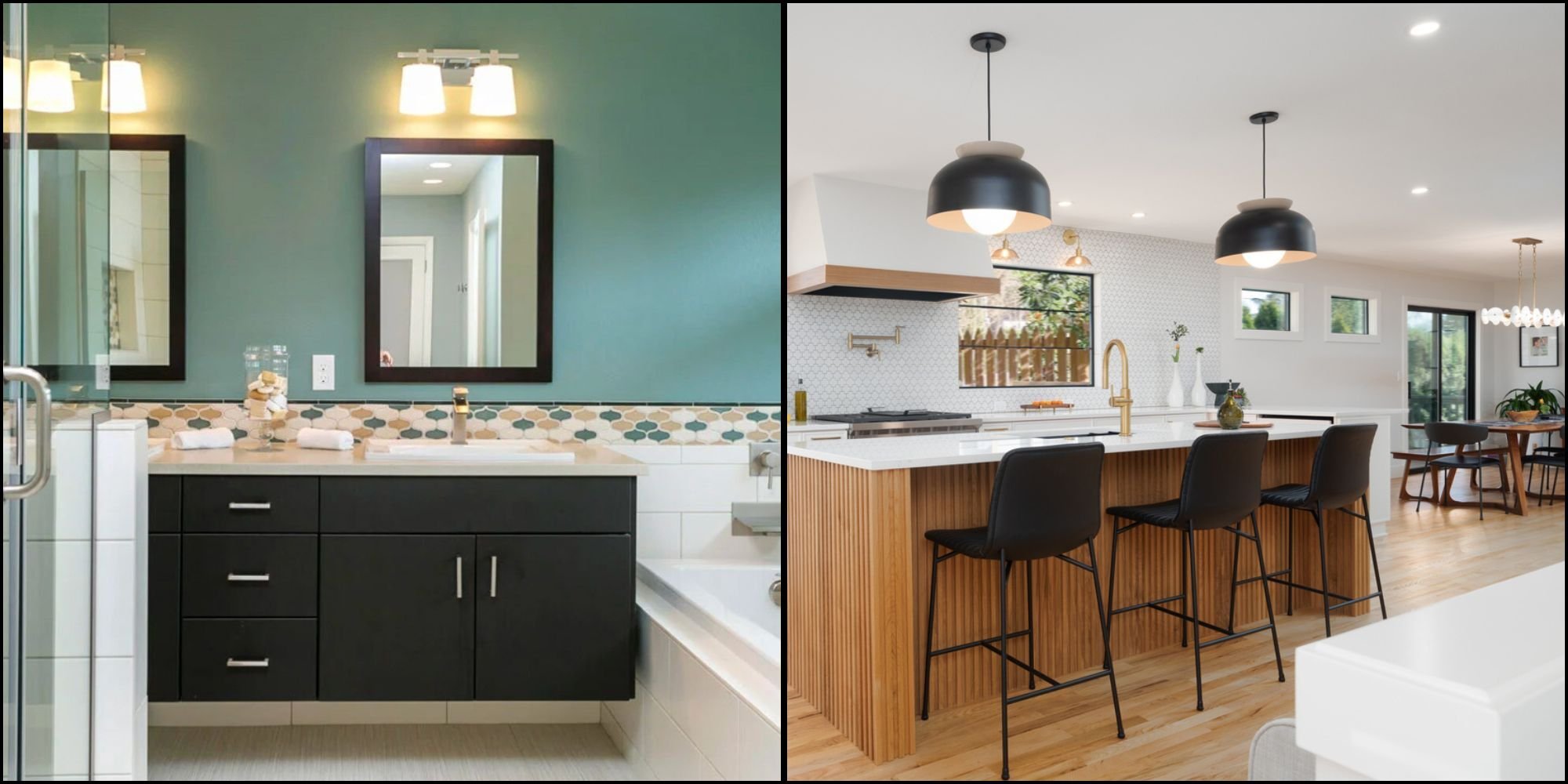 Side-by-side photos on the left, a Portland, OR bathroom remodel featuring a walk-in shower, vanity with stone countertop, a soaking tub, and tiled backsplash detail. On the right, an open