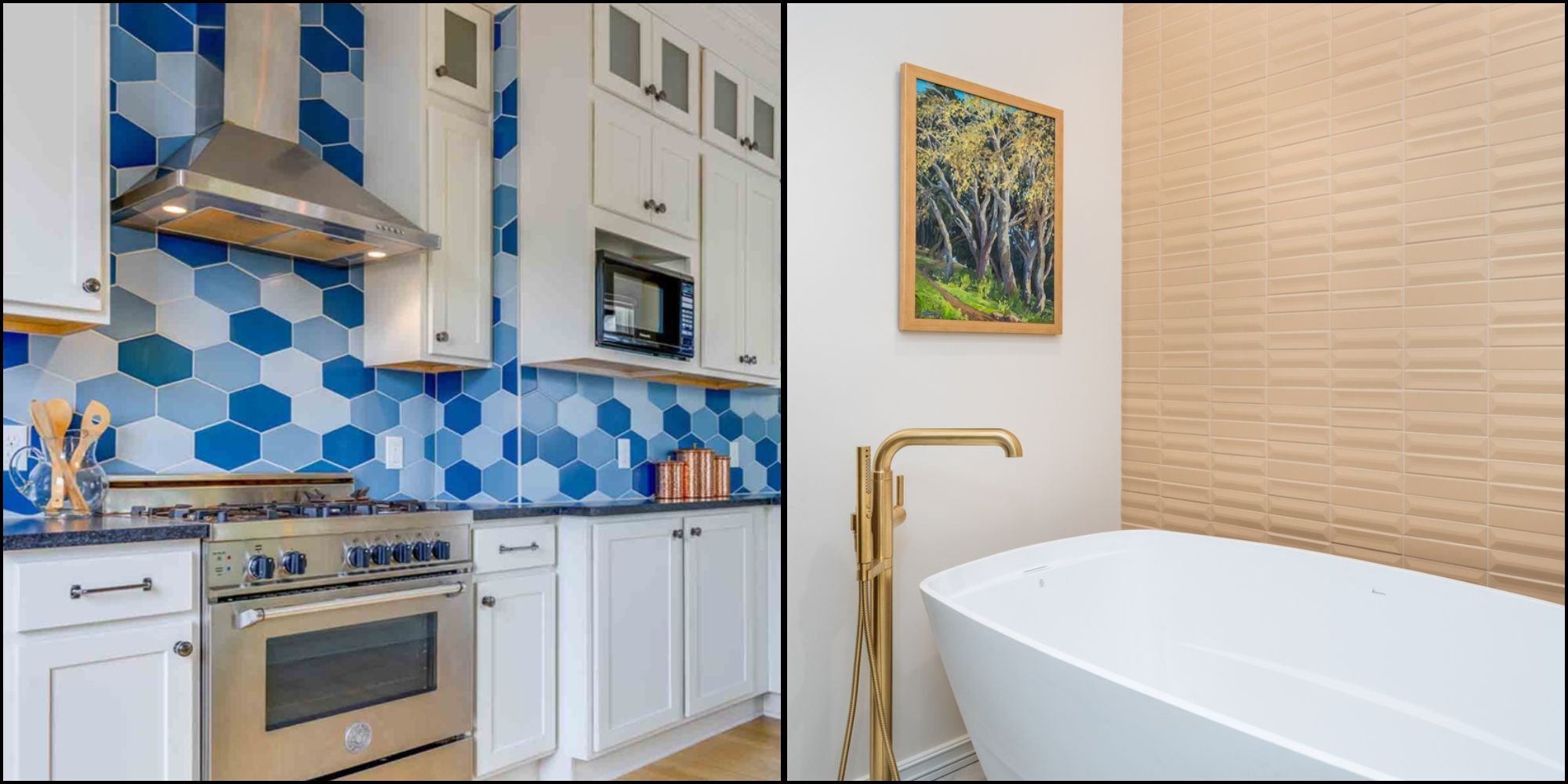 Side-by-side photos on the left, a Portland, OR kitchen remodel with a gas stove, hood vent, and full backsplash of octagonal tile in different shades of blue. On the right, a modern bathro