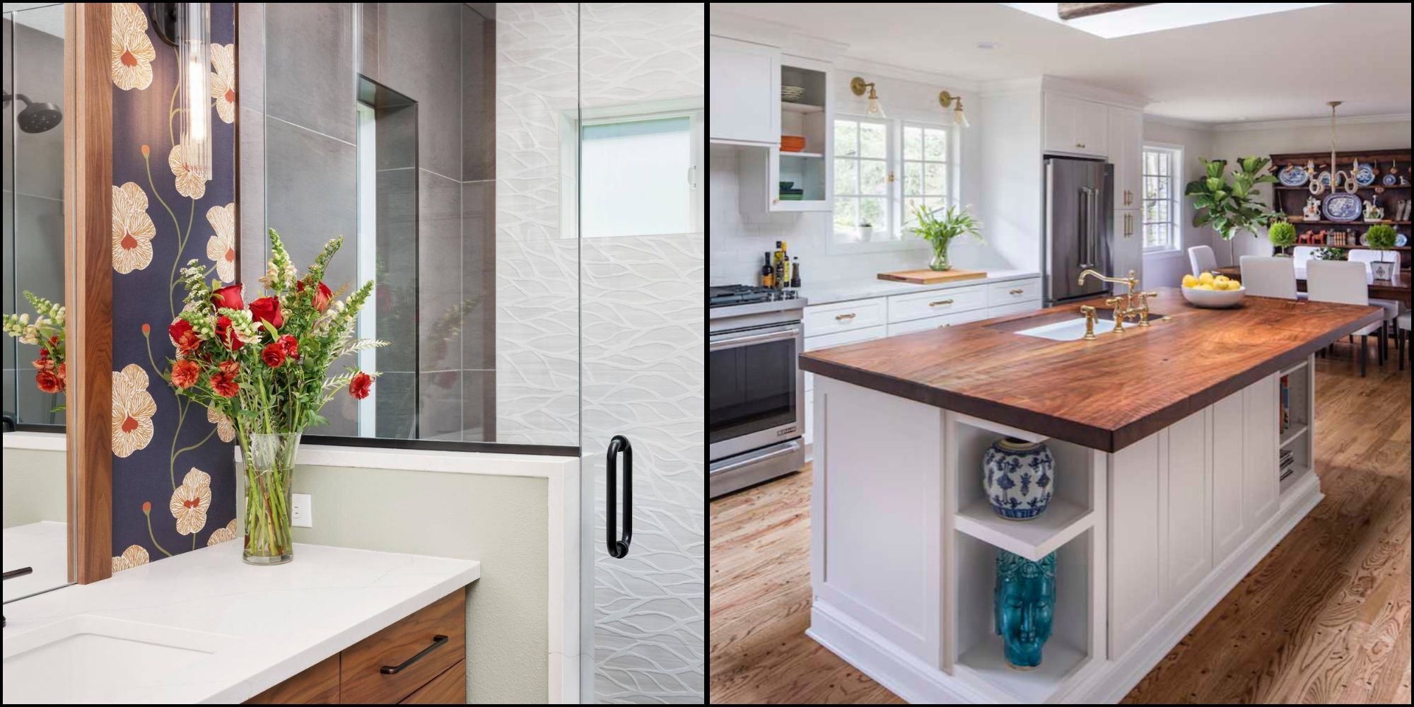Side-by-side photos on the left, a remodeled bathroom wallpaper and walk-in shower details in Forest Grove, OR by Creekstone Design + Remodel. On the right, a kitchen remodel featuring a la