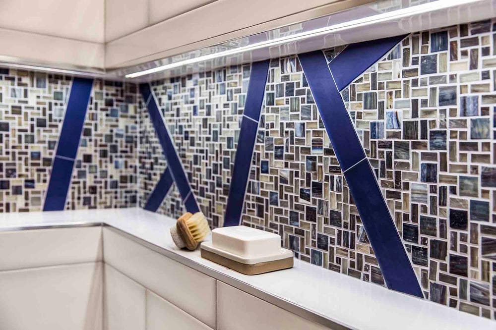 Custom remodeled corner bathroom shower tile detailing Creekstone Design + Remodel in Portland, OR