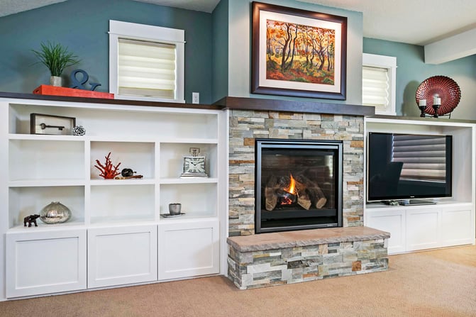 Stacked-Stone-Fireplace-Surround-with-Custom-Dark-Wood-Mantel-and-Built-in-Shelving-1-1