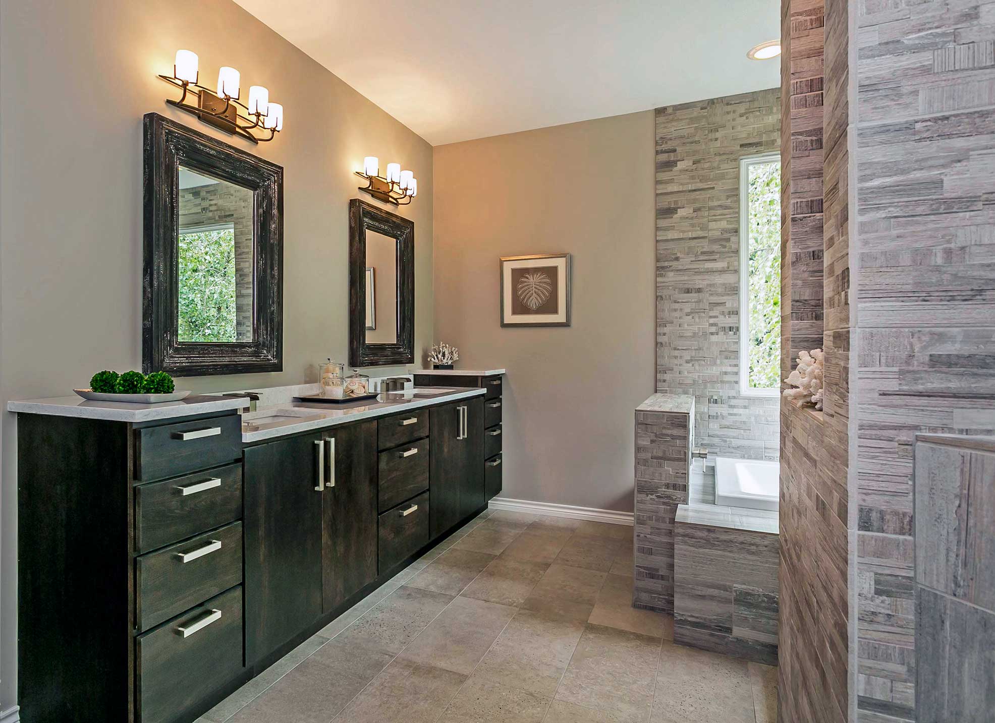 Bathroom remodel in Portland with double vanity, dark wood, and walk in shower