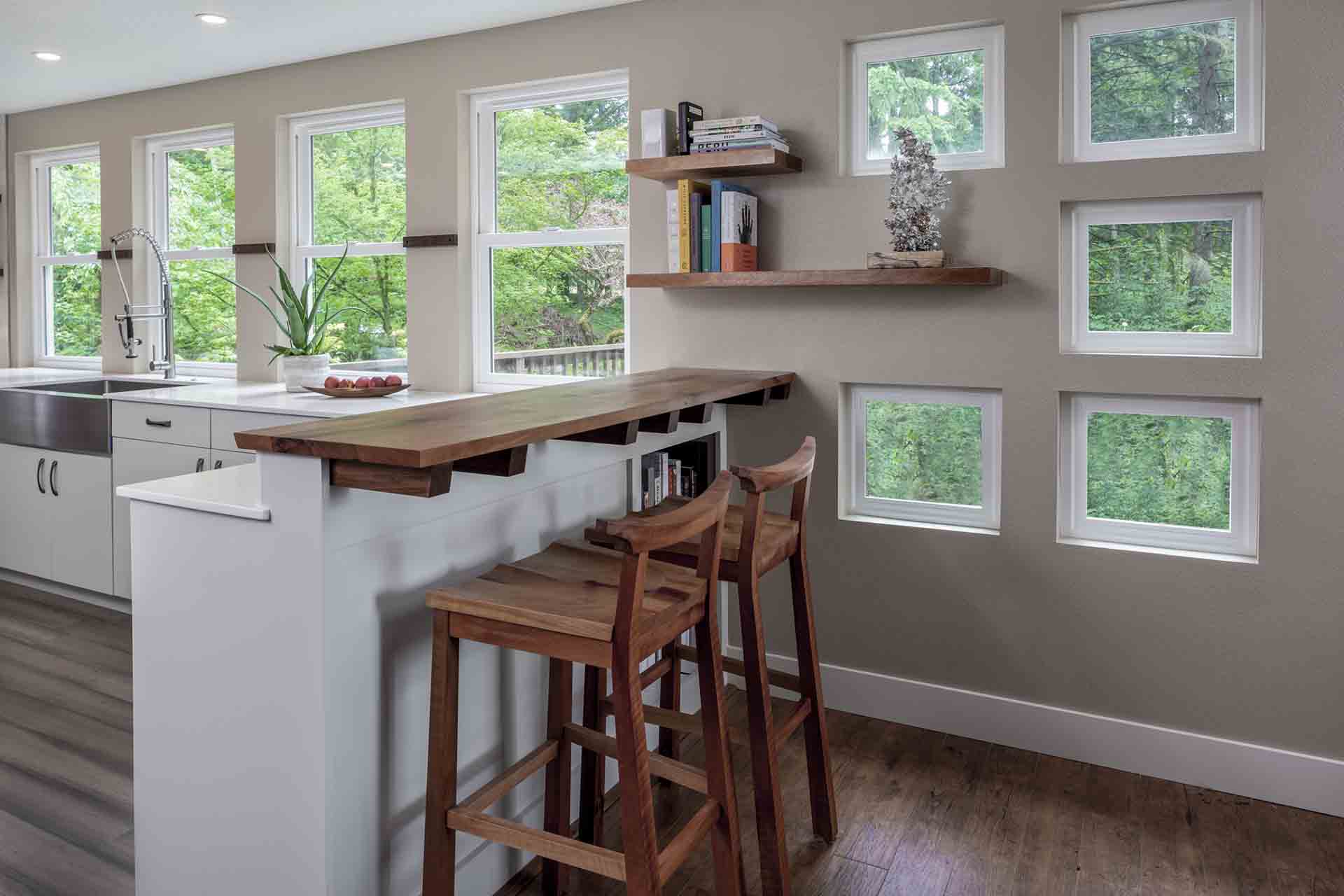 angled view of raised breakfast bar