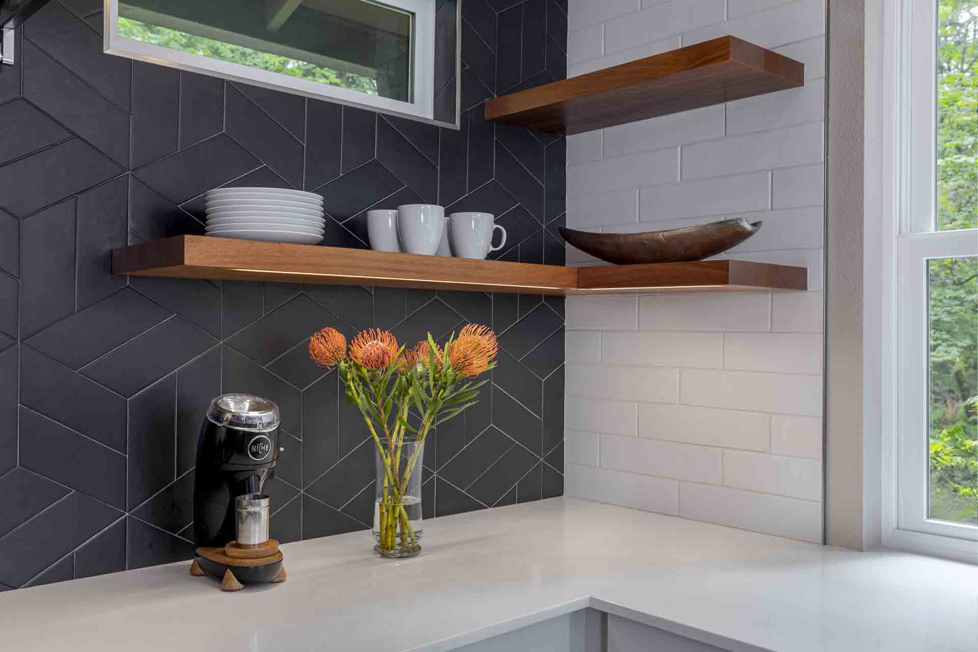 floating shelves in corner with backsplash