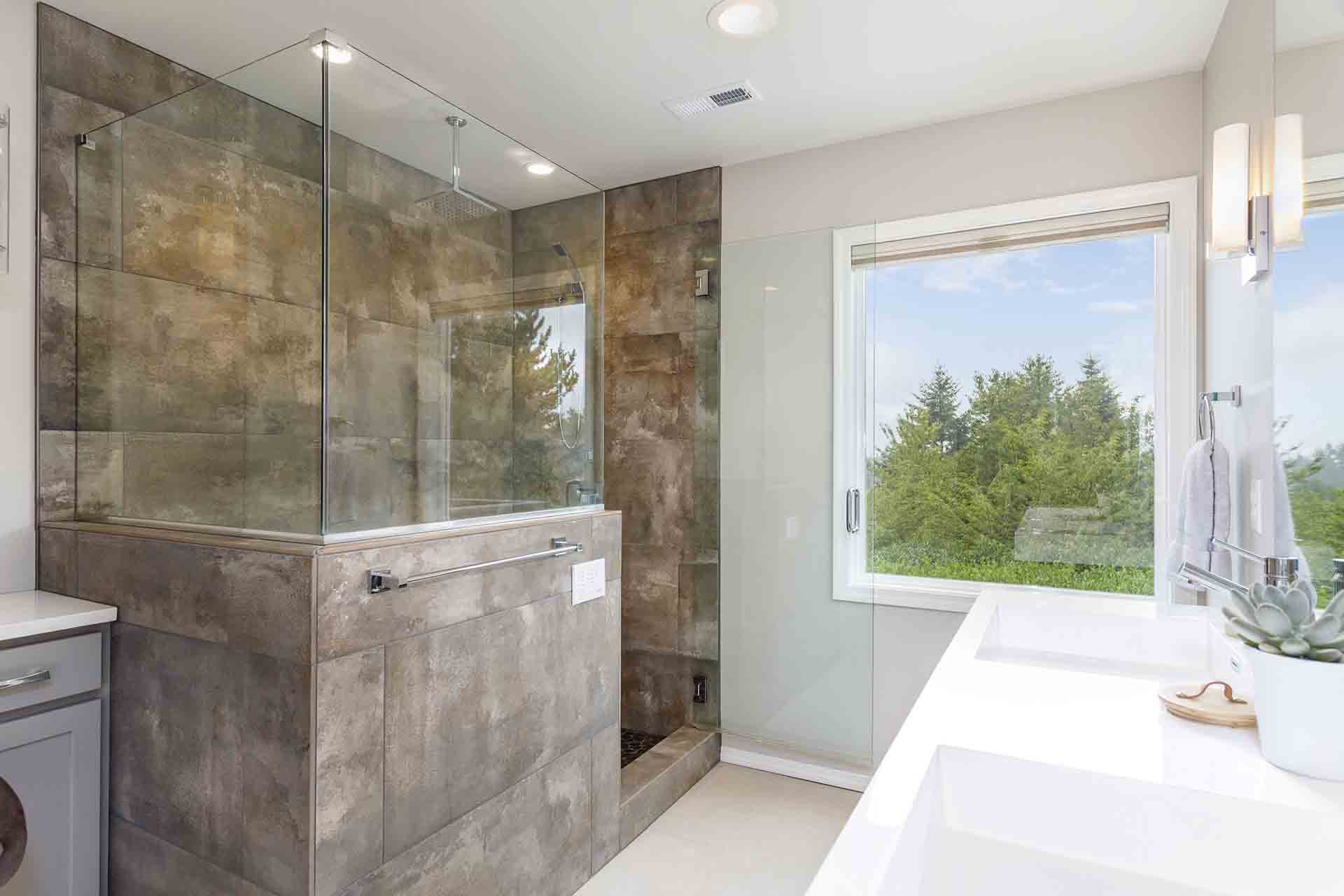 shower and window with vanity
