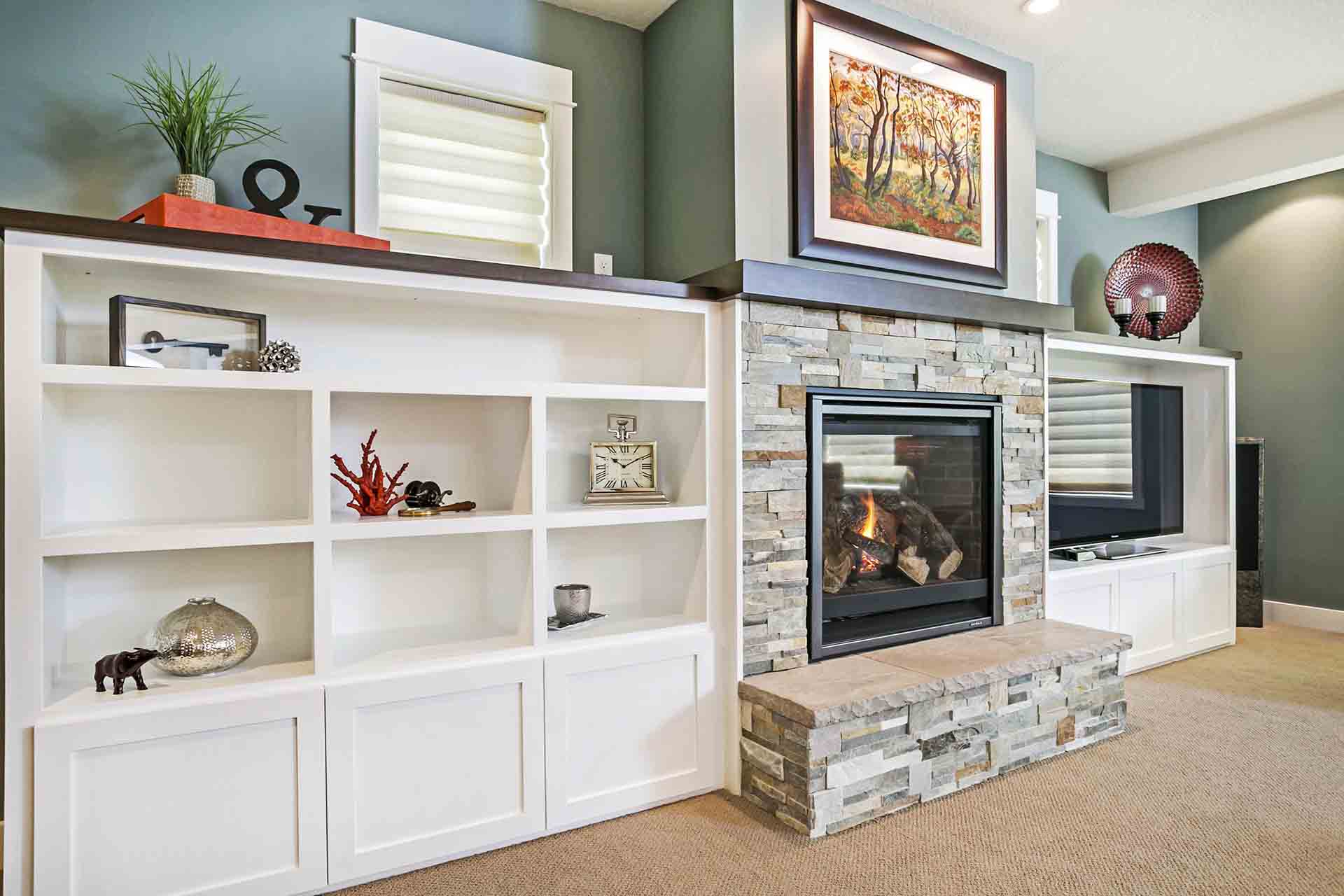 shelving next to fireplace