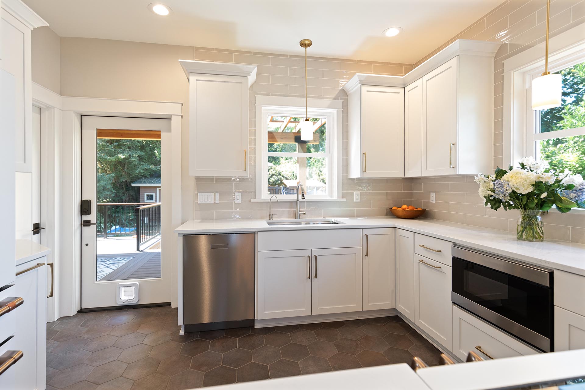 Kitchen with side door in view