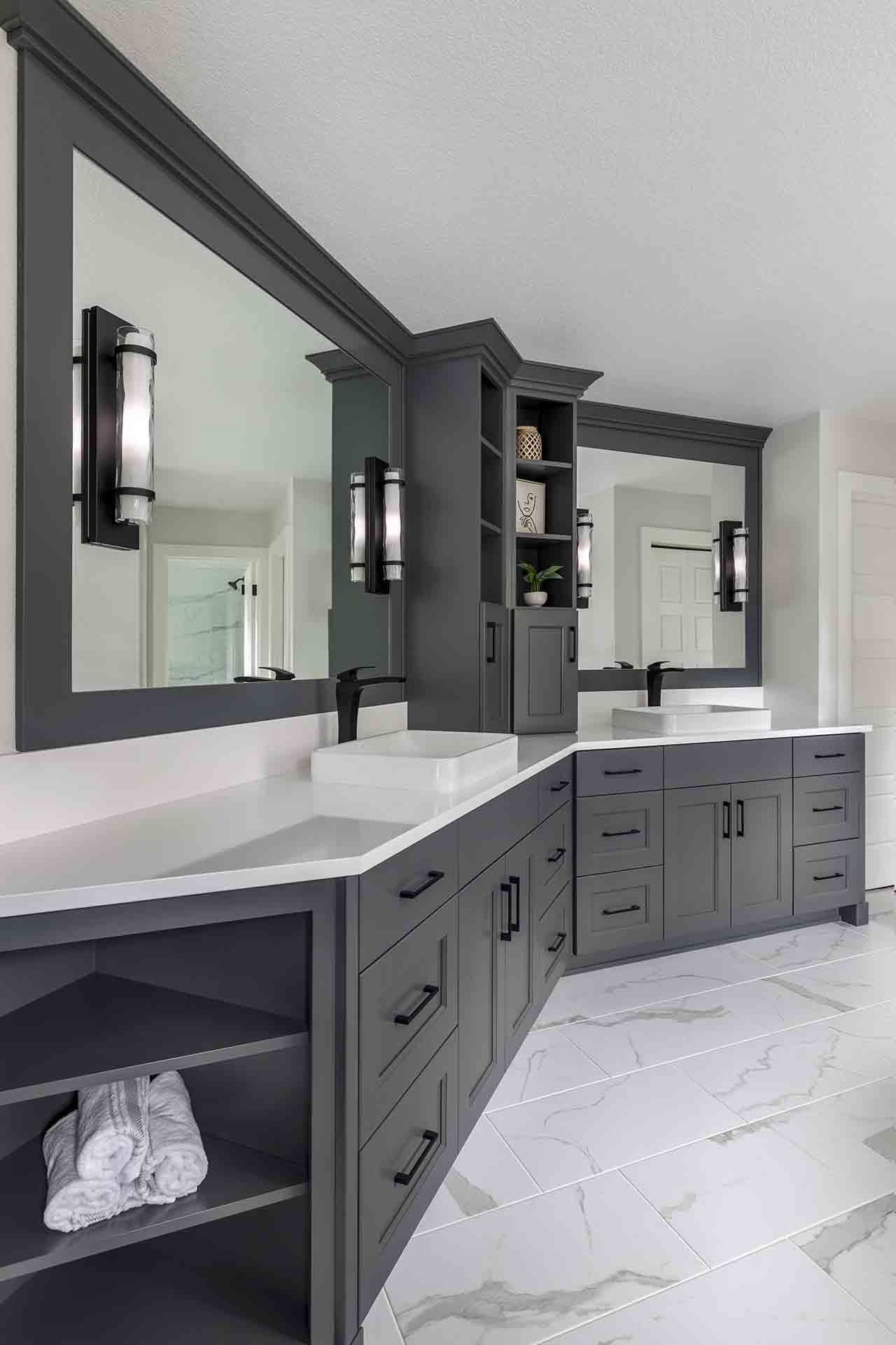 corner vanity with two sinks and storage
