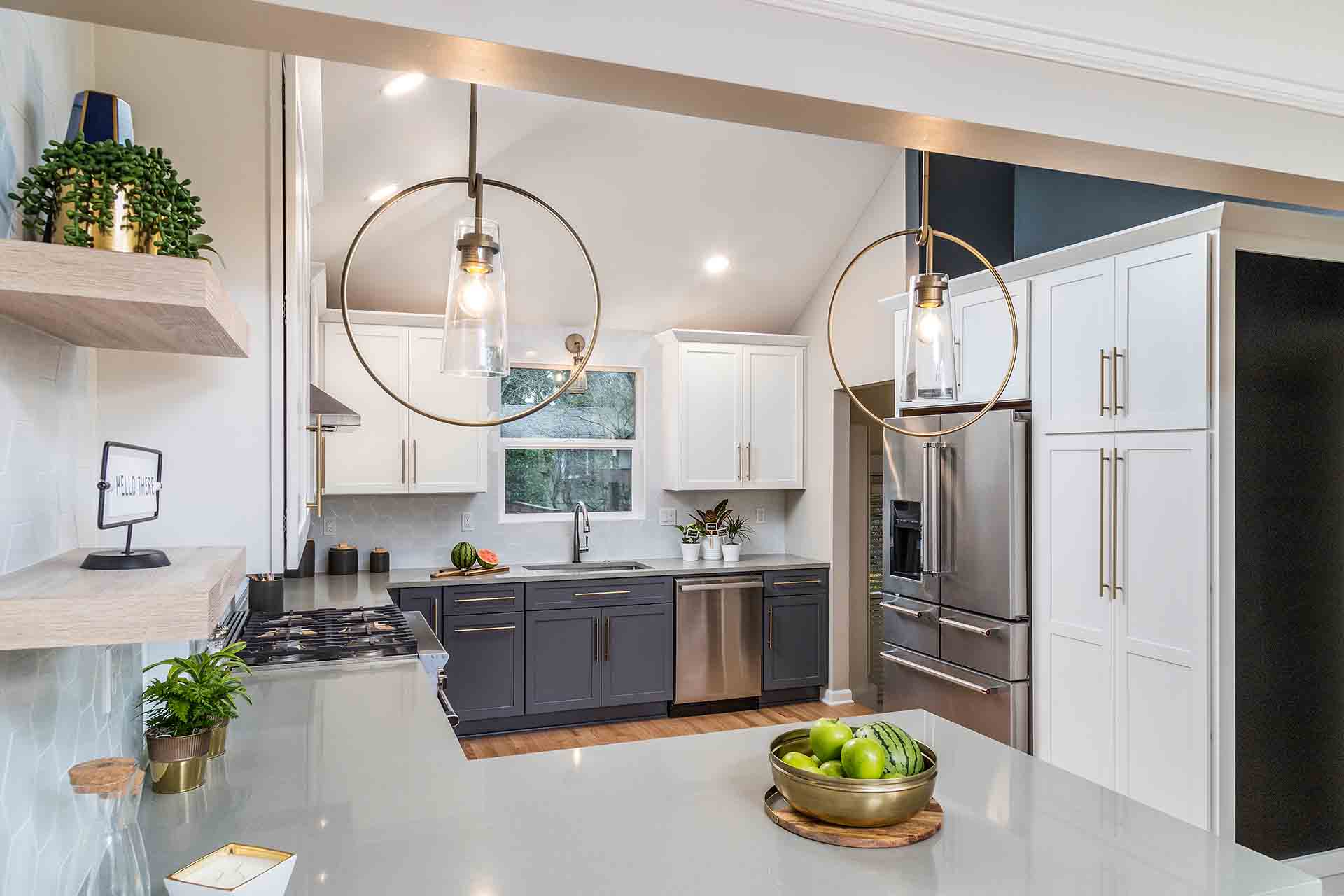 looking over the breakfast bar into the kitchen