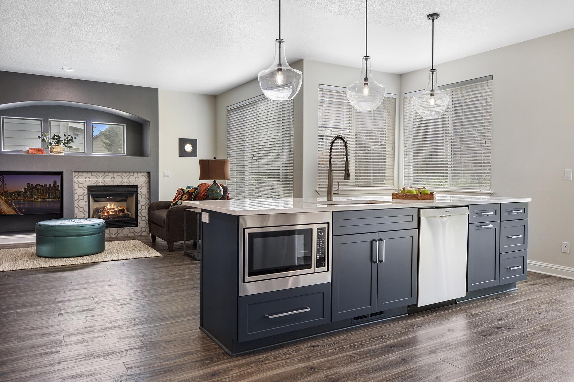 kitchen island and fireplace