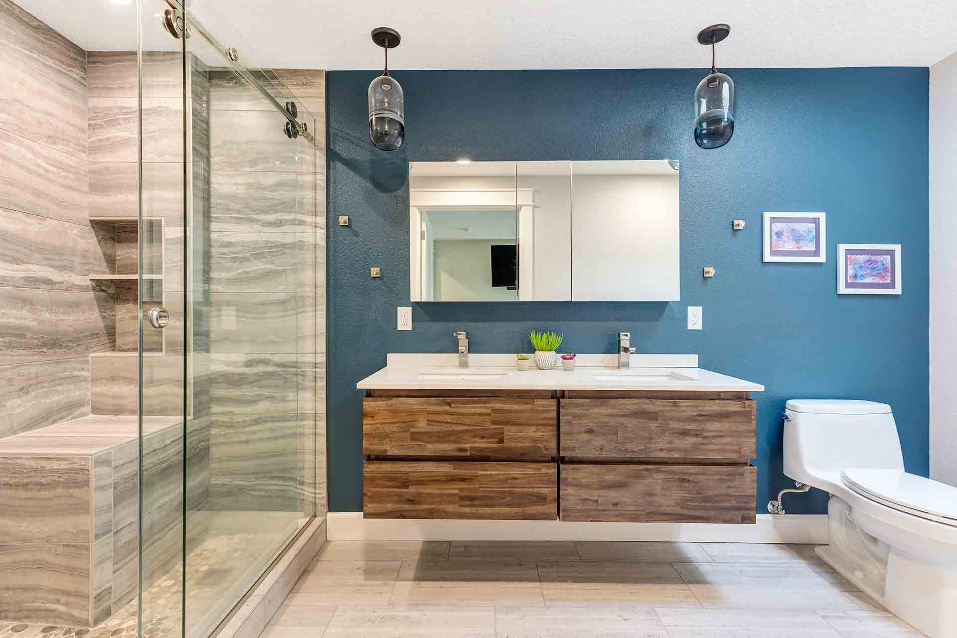 Floating Vanity and Standing shower with bench