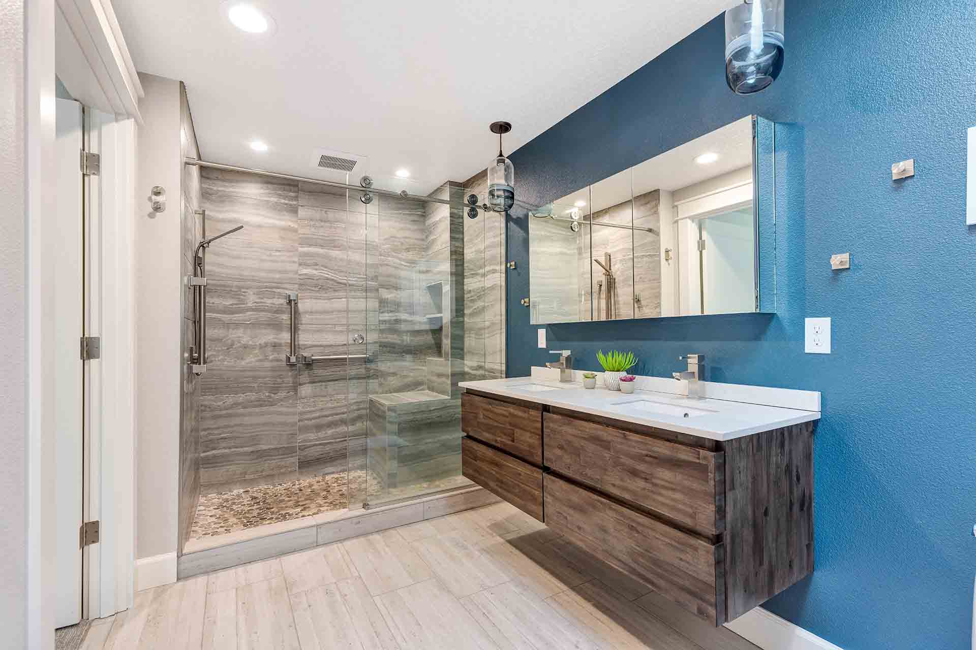 Shower with floating vanity in front