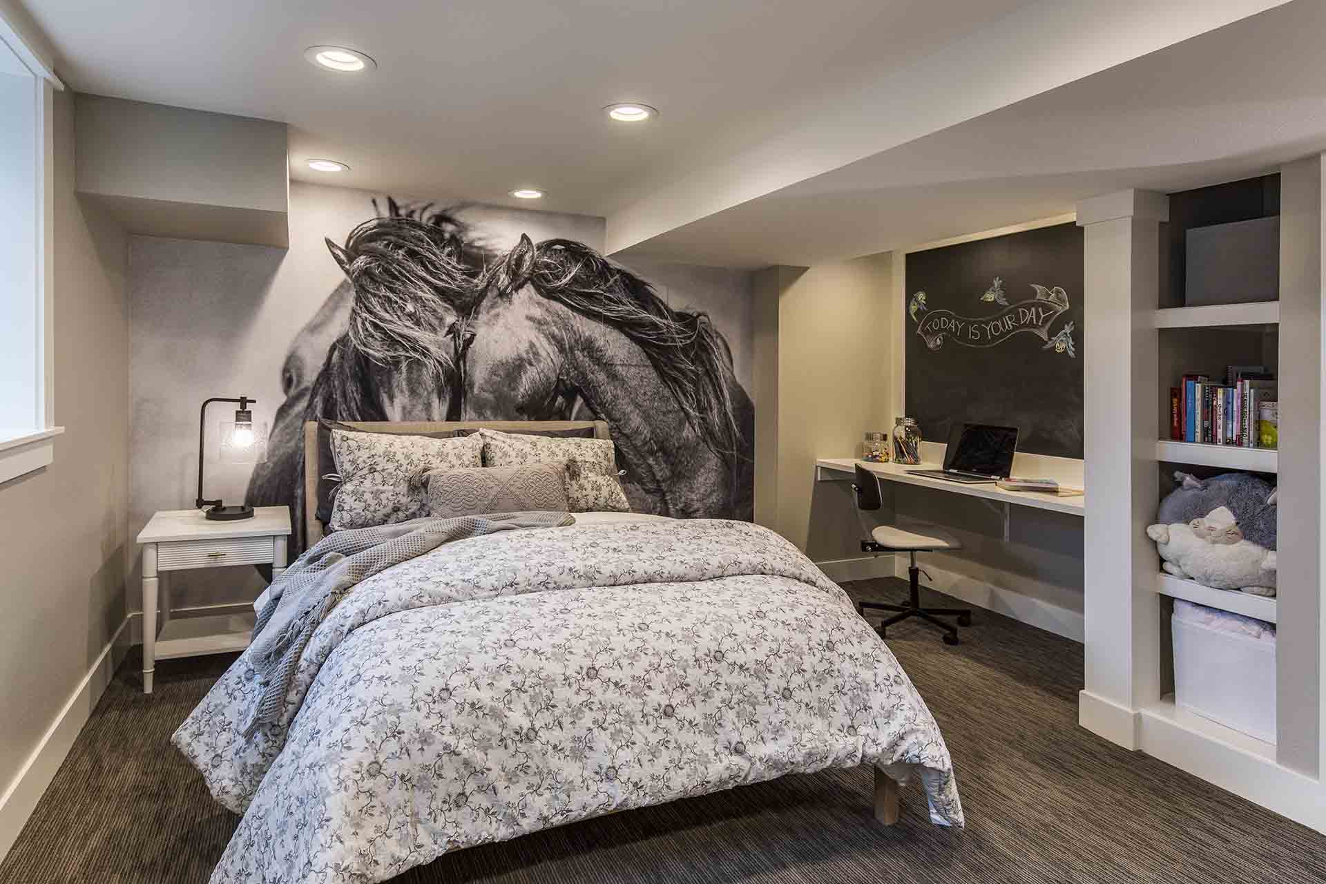 Basement bedroom and desk area