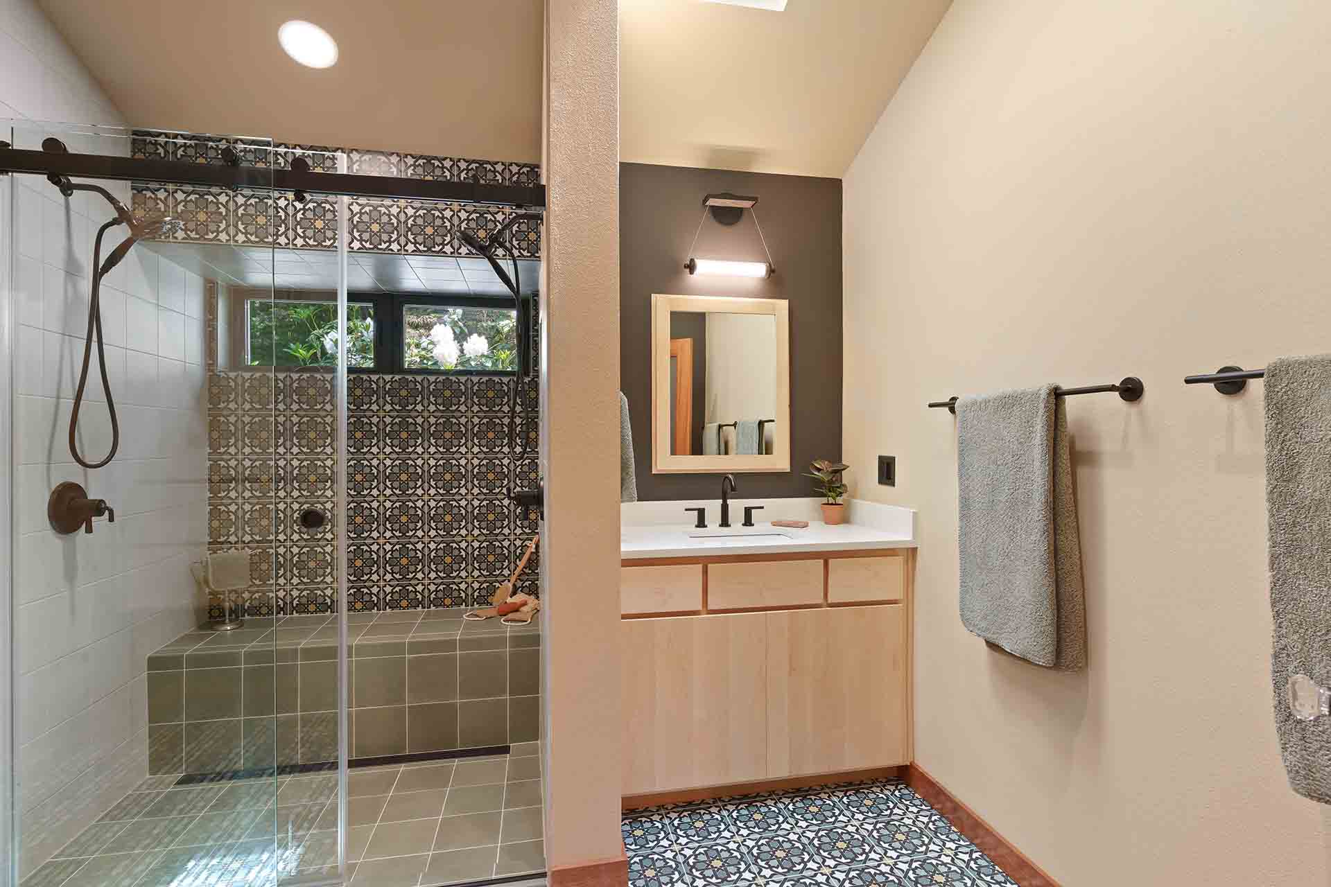 shower and one bathroom vanity