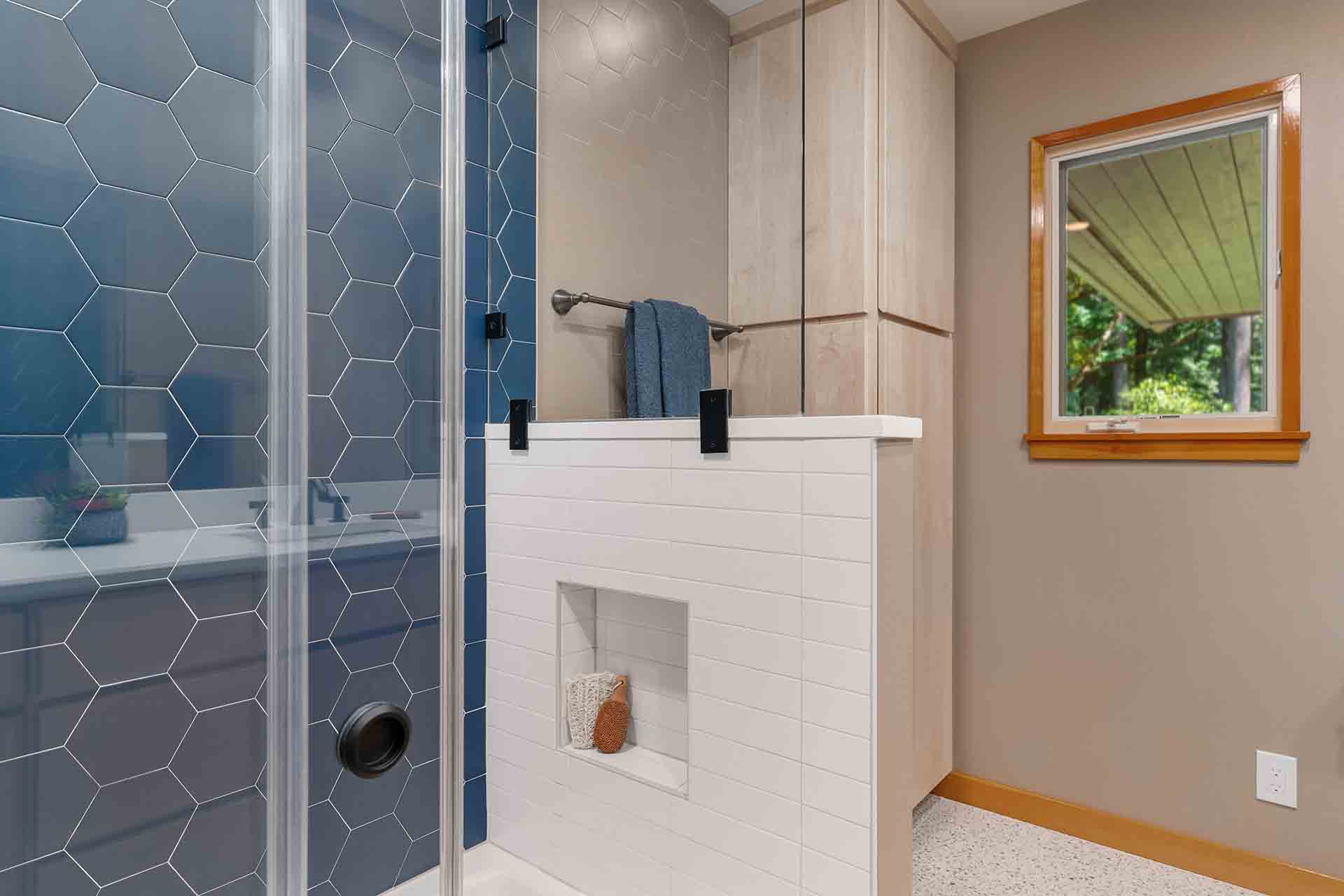 Blue tiled shower